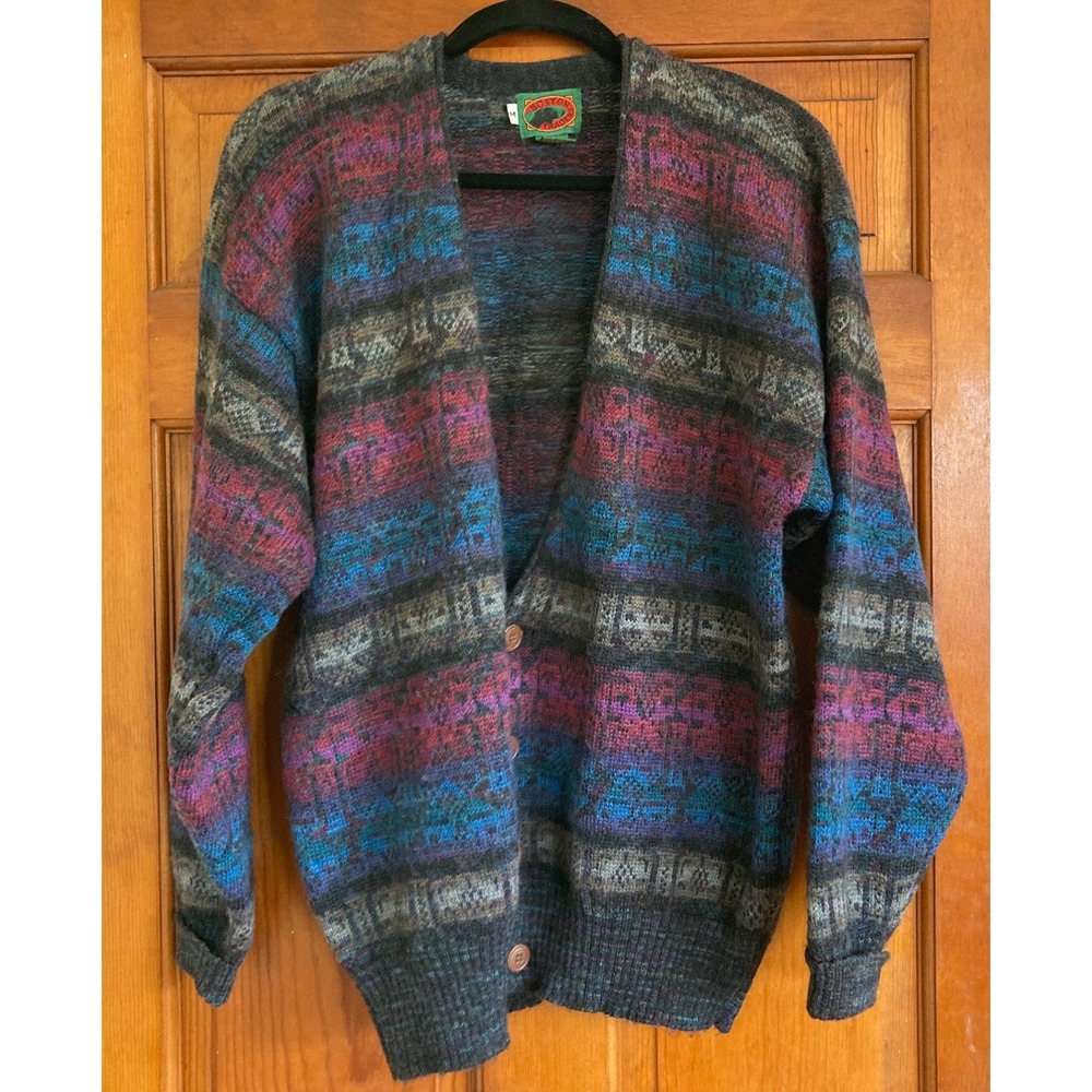 Boston Traders Mens M Wool Fair Isle V-Neck Cardigan Sweater Vintage 90s Grandpa